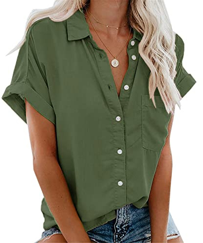 Xnova Chemisier Femme Manches Courtes Col V Chemise T-Shirt Été Couleur Unie Élégant en Mousseline Boutons avec Poche Casual Chic Short-Sleeve Blouse Tops(Vert, L)