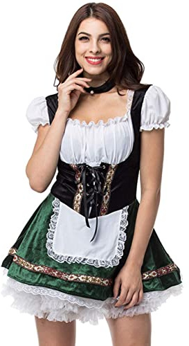 GRAJTCIN Oktoberfest Costumes Women German Bavarian Dirndl Dress Velvet Beer Maid Halloween Last Minutes Costume Adult (M, Green)