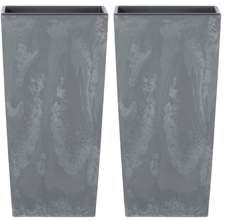 URBNLIVING 2Pcs Tall Square Concrete Effect Flower Plant Pot Indoor Outdoor Garden Patio Planter (Grey)