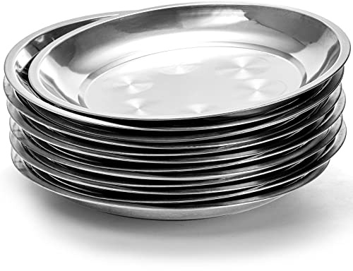 WUWEOT 10 Pack Stainless Steel Dinner Plates, 10 Round Kitchen Metal Dish Plates, Rust-Proof Camping Serving Plates for BBQ, Snack, Salad, Appetizer, Fruit, Cookies