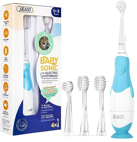SEAGO Toddler Electric Toothbrushes for Baby Ages 0-3 Years, Baby Toothbrush with Smart Timer and Suction Base, 4 Replacement Brush Heads SG-513 (Blue-C)