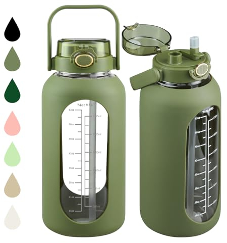SIEROZUR 74 oz Glass Water Bottle with 2-in-1 Straw Lid Large Gallon Water Bottle with Time Marker & Removable Silicone Sleeve,Wide Mouth BPA-Free Borosilicate Bottle for Gym, Workout & Daily Use
