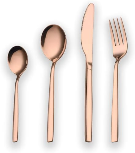 PEBBLE HUG 16 Piece Cutlery Set, Stainless Steel Flatware Set Include Knife Fork Spoon, Safe and Durable, Mirror Polish & Dishwasher Safe, Tableware Sets for 8 People, Versatile Use, Rose Gold