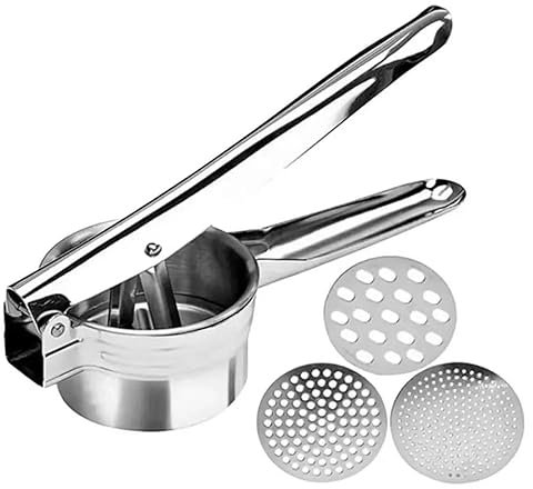 Potato Press Spaetzle, Stainless Steel Potato Masher, Spaetzle Press with 3 Interchangeable Sieves, Potato Mashr for Mashed Potatoes, Vegetable Porridge, Baby Food, Juicing and Lemon Squeezing