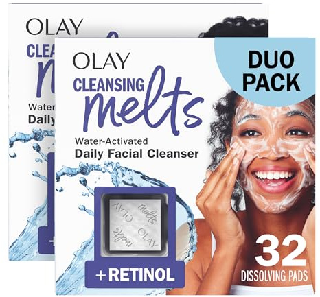 Olay Face Wash, Retinol Cleansing Melts, Fragrance-Free, Daily Use Gentle Cleanser, For All Skin Types, Travel Size, Water-Activated to Clean, Tone, and Refresh, 64ct (2 Pack x 32ct)