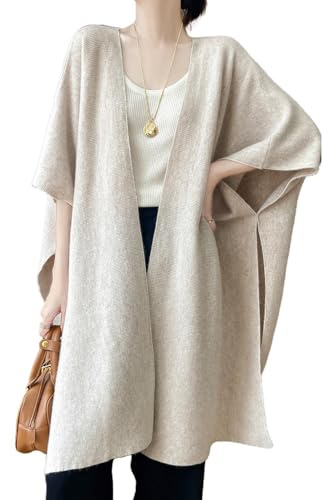 Ailaile 100% lana merino scialle avvolgere donna lavorato a maglia poncho mantello cardigan autunno inverno allentato aperto maglione cappotto, Cammello Latte, Taglia Unica