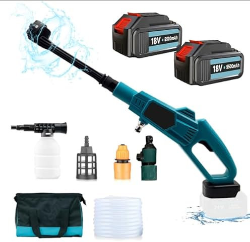 Akku Hochdruckreiniger, Max 74 Bar Mobiler Hochdruckreiniger mit 2X 3000mAh Akku, 540 l/h, Bürstenloser Motor, Multi-Sprühdüse 5M Schlauch für Auto, Terrasse, Garten, Zaun
