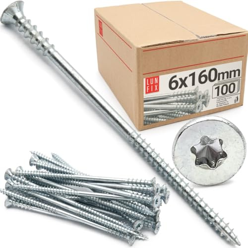 Vis de réglage 100 pièces 6x160 mm torx zinguées – vis à bois, acier zingué, vis terrasse pour charpente, menuiserie, poutre, lambourde, cloison, aggloméré, bois dur – Lun Fix