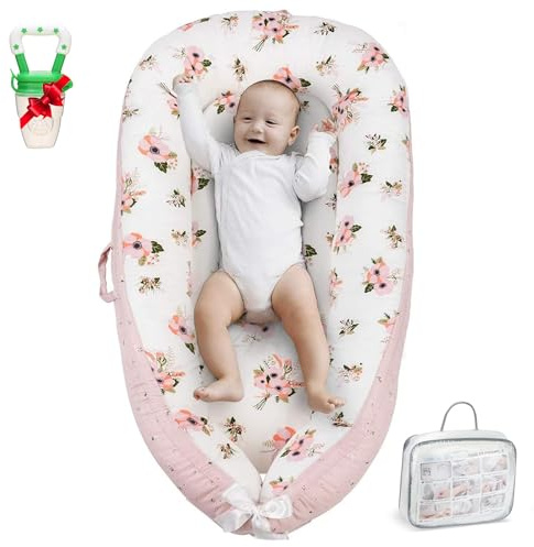 Baby Lounger 0-24 Months | Adjustable Baby Lounger for Newborn | Breathable Organic Cotton Infant Lounger Cover | Reversible Design, Portable Baby Nest Lounger | Includes Baby Bib | (Pink)