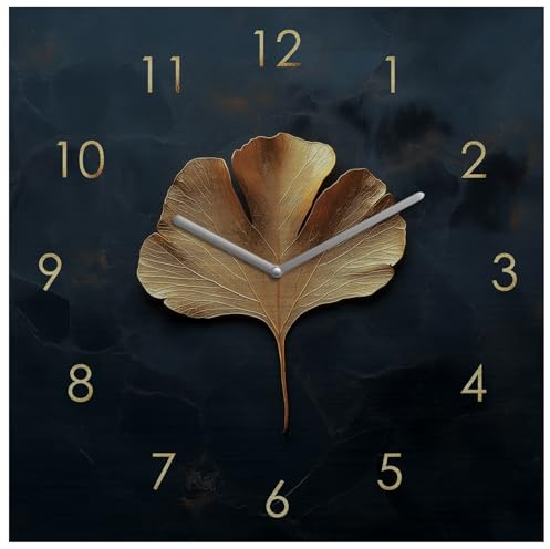 levandeo Wanduhr Metall 20x20cm Schwarz Gold Wanddeko Gingko Blatt Edel Design Metalluhr Moderne Deko Wandkunst