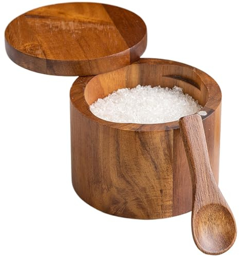 LatoYard Tarro de especias de madera de acacia, salero con tapa giratoria segura, contenedor de almacenamiento multicompartimento para cocina, marrón, 10,5 x 9 cm