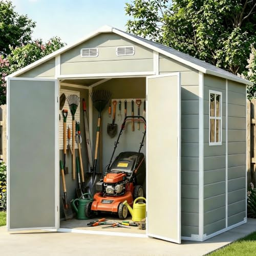 LARBANKE Caseta de Jardín Exterior 2,4×1,8m con Suelo — Cobertizo de Resina, Puerta con Cerradura, Ventilación, Impermeable, Techo Inclinado Antilluvia, Montaje en Kit, Gris