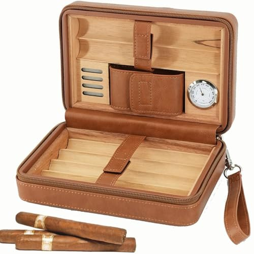 Racocou Cederträ Cigar Humidor – Avtagbar Bricka Hygrometer Avtagbar Luftfuktare Droppslang och Kortficka – Lyxpresent till Pappa Make,Brown
