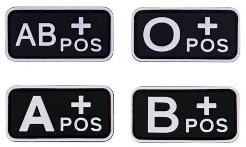NCEJNY 4 Pièces Patch Groupe Sanguin A+ B+ AB+ O+, Écusson PVC Phosphorescent Noir et Blanc, Patch Imperméable pour Sac à Dos, Vêtements, Gilet