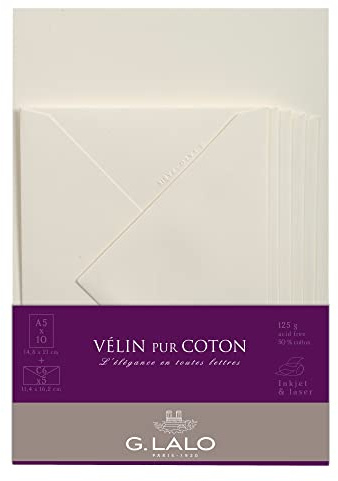 Lalo 61000L -Velin Pur Coton A correspondence set including 10 A5 125g sheets and 5 gummed envelopes C6 11.4x16.2 cm, Vellum pure cotton, Cream Straight