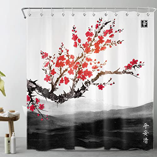 LB Cherry Duschvorhang Wasserdicht Anti-Schimmel Badvorhänge Oriental Sakura Rote Blumen Baum Landschaft Far Mountains Muster Polyester Stoff Wohnkultur Zubehör mit 12 Vorhang Haken 180x200cm