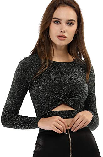 Allegra K Disfraz de Navidad para Mujer Blusas con Purpurina Twist Manga Larga Recortada en la Parte Delantera Slim Fit Crop Top Negro L