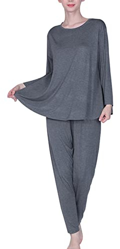 amropi Pigiama Donna Oversize Set da Pigiami Manica Lunga Maglietta e Pantaloni Camicia da Notte Grigio,5XL
