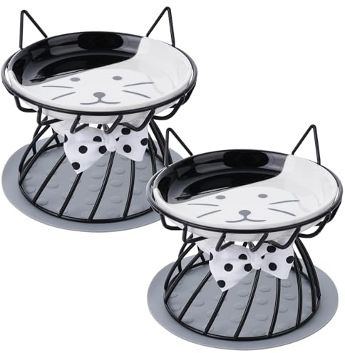 Dorakitten 2 Stück erhöhte Katzennäpfe mit rutschfester Matte, schützt die Wirbelsäule der Katze, erbrechenshemmende, erhöhte Katzenfutterteller mit niedlichem Katzenohrständer Katzennäpfe aus Keramik