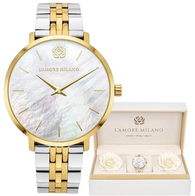 L'AMORE MILANO - Montre Femme Cadeau Noel, Montre-Bracelet et Son Coffret Contenant de Rose eternelle - Idee Cadeau Femme - Cadeau Femme Disponible en doré, argenté, et Rose métallisé