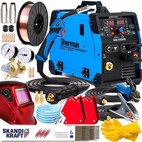 SHERMAN MIG 200 HD PREMIUM SET Machine à Souder Semi-Automatique à Onduleur 3 en 1 MMA TIG DC LIFT MIG-MAG Manual Laser Brasage Alimentation 230V 200A