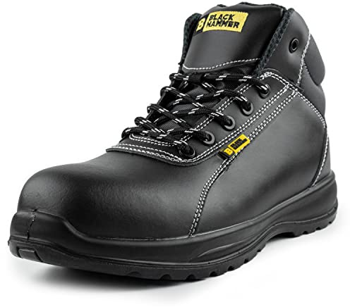 Herr Läder Säkerhetsskor S3 SRC Komposit Tåhätta Kevlar Icke-metall Metalfria Lätta Arbetsskor Ankel Black Hammer 1500 Svarta (48 EU)