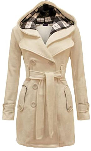 JIER Pea Coat Double Pincement Manteau Trench d'hiver mi-Long avec Ceinture Manteau Thermique de Protection Contre Le Froid à Capuche pour Femmes (Beige,S)