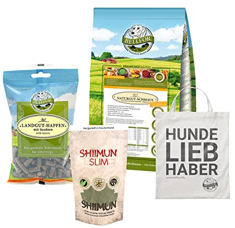 Bellfor Futterset für große, ernährungssensible Hunde – Naturgut-Schmaus Trockenfutter 4 kg + Landgut-Happen 200 g + Shiimun Slim 120 g + Jutebeutel