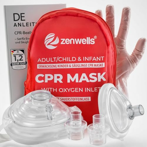 Zenwells CPR Andningsmask, första hjälpen set (2 stycken) för vuxna/barn och spädbarn – fickmask i mjukt fodral (röd) med egen ventil och syreinlopp