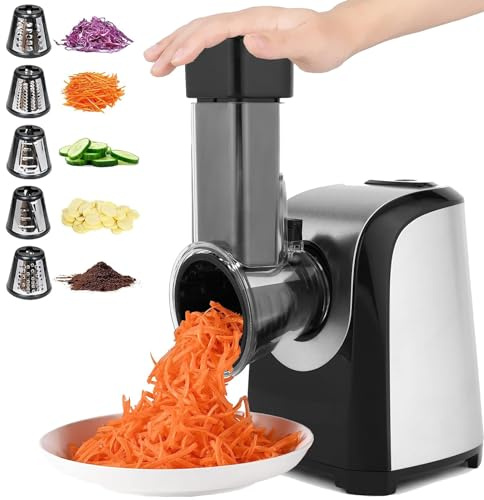 COOCHEER Elektrischer Gemüseschneider, Multi Gemüsehobel Küchenreibe Gemüseraspel mit 5 Schneidetrommeln für Gurken, Karotten, Nüsse, perfekt für Haus& Salat Zubereitung