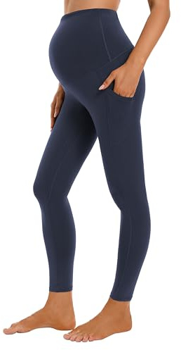Gowjog Leggings de maternidad para mujer, opacos, cintura alta, elásticos, para yoga, entrenamiento, activos, embarazo, maternidad, deportes, con bolsillos, azul oscuro, M