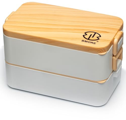 BMORE® Lunch Box,1000ml Bento Box with Stainless Steel Cutlery & Chopsticks. Stackable 2 Layer Food Container for Adults, Kids. Microwave & Dishwasher Safe (Stainless Steel Liners Included) UK Company