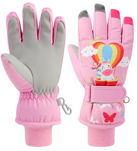 QKURT Kids Ski Glove Children Snow Glove Winter Windproof Thermal Glove Non-Slip Sports Mitten with Knitted Ribbed Long Cuff and Fleece Lining, Warm Outdoor Glove for 2-13 Years Old Girls