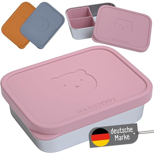 BEARFOOT Fiambrera infantil de acero inoxidable con tapa de silicona, fiambrera sin BPA, a prueba de fugas, caja bento para niños, fiambrera para guardería, escuela y guardería, apta para lavavajillas