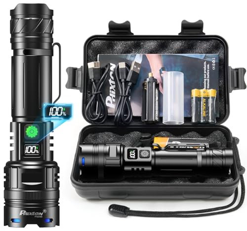 PHIXTON Rechargeable Torch LED Super Bright 1000000 Lumens Single One Mode, Long Distance 1000 Meters Powerful Flashlight Zoomable, Long Lasting 10H Strong Touch, USB C Input Output & Digital Display