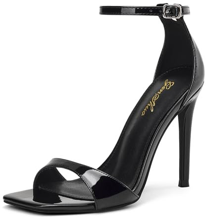 GENSHUO Damen High Heels, ein Riemen, offene Zehen, 10 cm Stiletto, elegant für Hochzeit Party, Schwarz, 38 EU