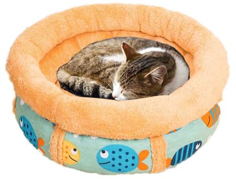 Lit rond en forme de beignet pour chat et petit chien, lit orthopédique apaisant pour chats et chats d'intérieur (beige, 40 cm)