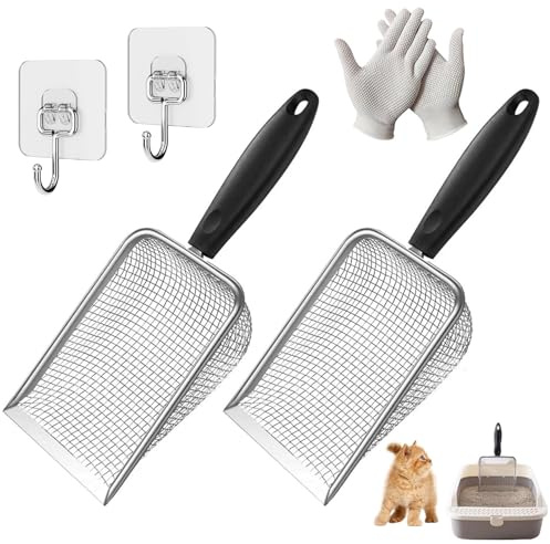 YTSMFL 2PCS Cat Litter Scoop, Stainless Steel Cat Litter Scoop Reptile Sand Scoop Cat Poop Scoops Non Stick Metal Litter Scooper Fast Sifter Kitten Litter Shovel for Cat Litter Box
