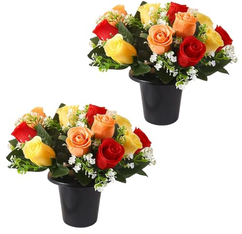 Flores artificiales para tumbas, 2 macetas para tumbas, rosas lilas otoñales, adornos para tumbas, ramo floral falso conmemorativo funerario, ramo de seda conmemorativo de cementerio en maceta para