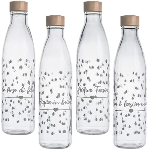 Home Tresor Set 4 Bottiglie Vetro Acqua 1 Litro, Tappo a Vite Acciaio Inox, Caraffe da Tavola Borracce Trasparenti Serigrafate Multiuso Bevande Succhi Lavabili