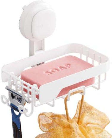 TAILI Soap Dish for Shower with Hooks,Drill-Free Suction Sink Holder,White | Stainless Steel Sink Holder, Sponge Tray,Max Hold 5KG Soap Holder for Bathroom,Wall Mounted Removable Metal Bathtub Organizer