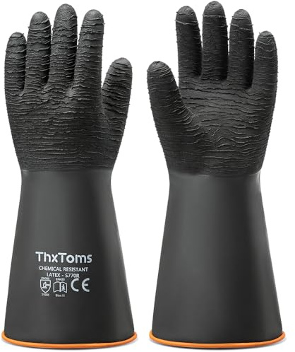ThxToms Heavy Duty Rubber Gloves, Industrial Chemical Resistant Gloves Waterproof Reusable Protective Work Gloves for Cleaning, Dishwashing,Anti-Slip Design, Soft and Thick, Black, 14 1 Pair