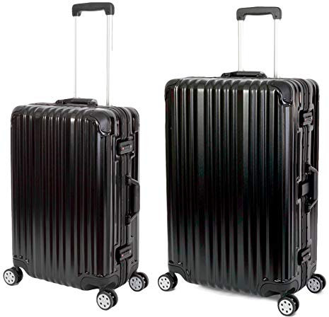 Travelhouse London · 2 teiliges Set · Aluminium Rahmen · Polykarbonat Hartschale · Mittlerer Koffer 65cm & großer Koffer 75cm mit 4 360° Doppelrollen 2X TSA Schlösser · Vol. M-67L · L-108L · Schwarz