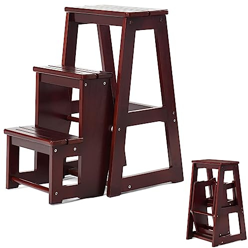 COSTWAY Trappstege, stegpall, hushållsstege, pall av massivt trä, hopfällbar, maxbelastning 150 kg, 66 cm hög, 3 steg (brun)