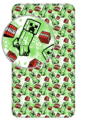 Kinder Spannbettlaken Bettbezug Bettlaken Mincraft Metro Art Creeper TNT grün weiß, 90 x 200 + 25 cm, 100 % Baumwolle