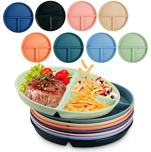 16 Pcs 9 Inch Unbreakable Divided Plates for Kids Adult Dishwasher Microwave Safe 3 Compartment Plates Lightweight Healthy Plastic Reusable Dinner Plate for Child Dishes(Multi Colors)