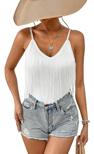 Womens Fringe Tank Top - Rave Festival Cowgirl Outfit Sexy Spaghetti Straps Cami Tops Solid Tassel Sleeveless Camisole V Neck Shirts Ladies Summer Vests Fancy Dress Costume(White,S,10742r)