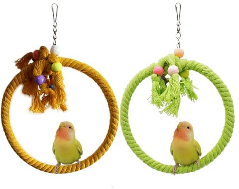 2 PCS Kuivoo Bird Swing Cotton Rope Ring, Parrot Perches for Cage, Hanging Bite Resistance Toys, Soft Ring Bed for Budgie, Cockatiel, Canary, Parakeet, Love-Bird, Conures, Large