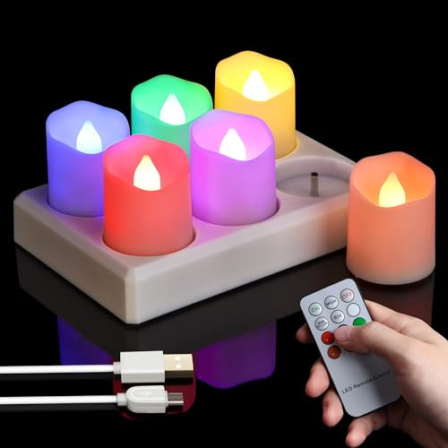 FREEPOWER 6 lumini LED ricaricabili colorate con stazione di ricarica, candele elettriche RGB tremolanti con telecomando timer dimmerabili, con cavo USB, Ø 4 x 4,5 cm