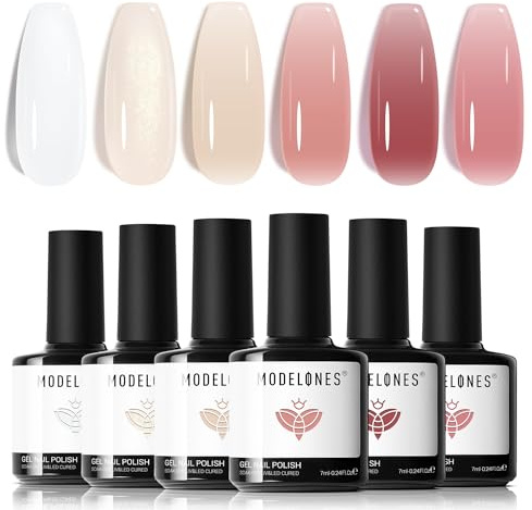 Modelones Gel Nail Polish Set - 6 Colors: Nude, Pink, Milky White - Jelly Gel Nail Polish for DIY Manicure at Home or Salon